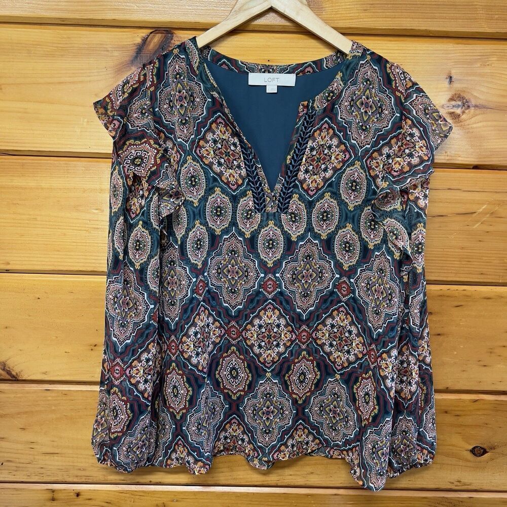 Ann Taylor Loft Womens Lined TAPESTRY RUFFLE SPLIT NECK Boho BLOUSE Size L